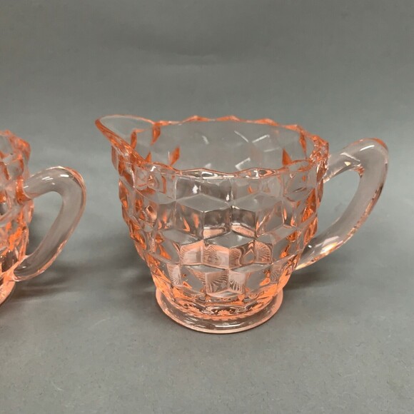 Jeanette Cube Depression Glass Pink Clear Creamer Mini Open Sugar Bowl - Picture 4 of 7
